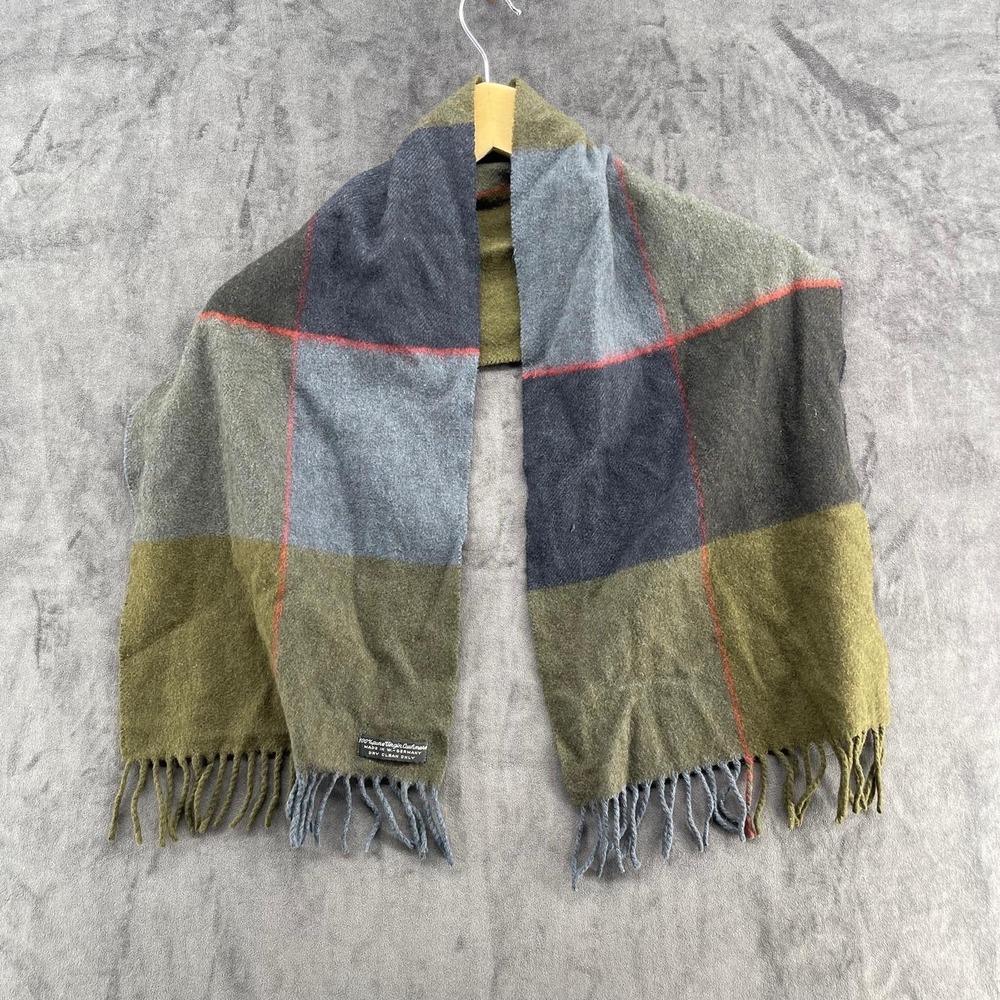 Vintage 100% Pure Virgin Cashmere Scarf Made in W. Germany Plaid Fringe Olive